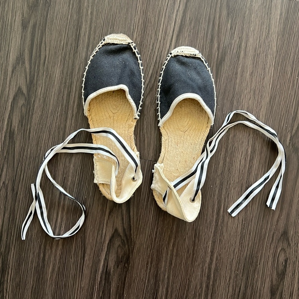 Soludos lace up espadrille sandals, black linen